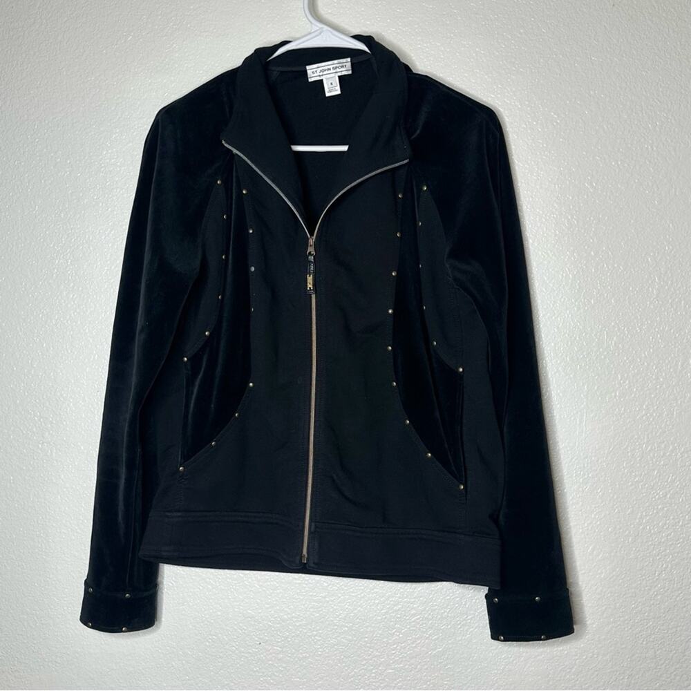 St. John Sport Black Velvet Stretch Zip Up Studded Jacket Small